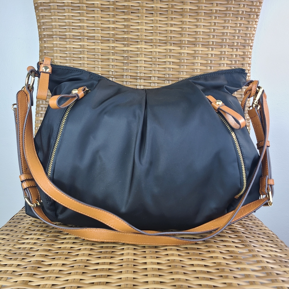 Vince Camuto Cris Hobo Shoulder Bag Tassel Charm Accent Black Nylon Leather Trim